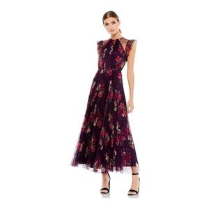 Mac Duggal Ieena Cap Sleeve Floral A-Line Dress in Plum Multi Size 6 NWT